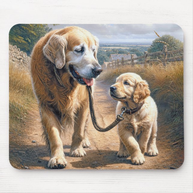 Golden Retriever som går på en landsväg Musmatta (Framsidan)