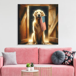 Golden Retriever som håller en amerikansk flagga Canvastryck