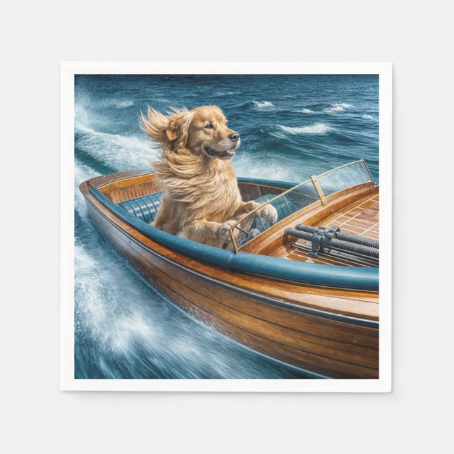 Golden Retriever som kör en gammal motorbåt Pappersservett (Framsidan)