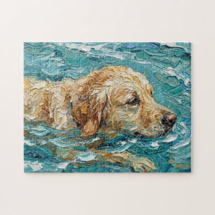 Golden Retriever som simmar i turkos blå färg Pussel