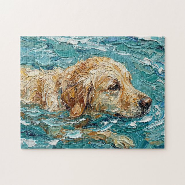 Golden Retriever som simmar i turkos blå färg Pussel (Horisontell)