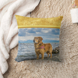 Golden Retriever som står på den blå havsbergen Kudde