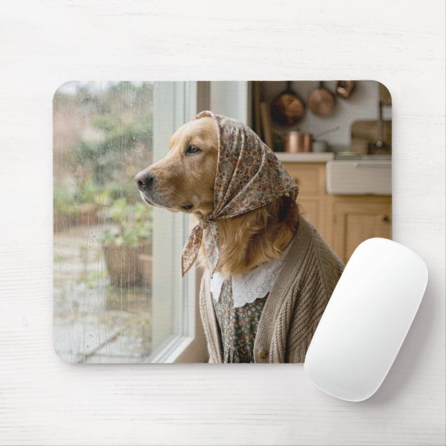 Golden Retriever som stirrar ut genom ett regnigt  Musmatta (Med mus)