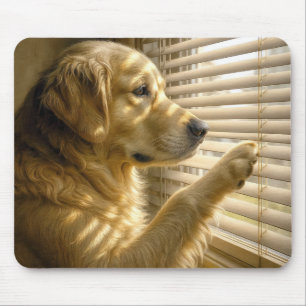 Golden Retriever som tittar genom solbelysta persi Musmatta