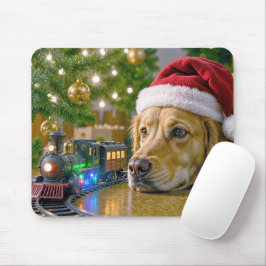 Golden Retriever som tittar på en julig leksakståg Musmatta