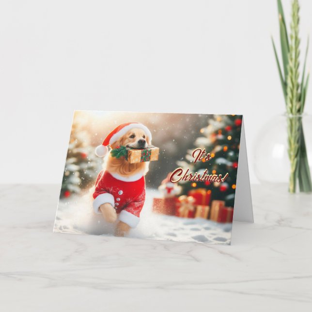 Golden Retriever Springa med ett gift-julkort Helgkort (Framsida)