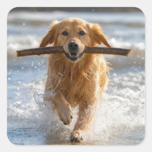 Golden Retriever springer med en strandpinne Fyrkantigt Klistermärke