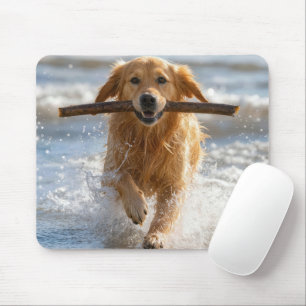 Golden Retriever springer med en strandpinne Musmatta