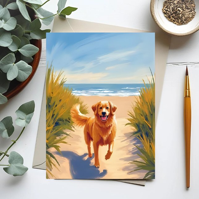 Golden Retriever Strandpromenad | Ocean Dog Pet Vykort (Skapare uppladdad)