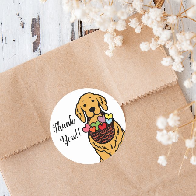 Golden Retriever Tecknad Tack Runt Klistermärke (Golden Retriever Cartoon Thank You Sticker for Golden Retriever Owners.  Captured sweet expression.)