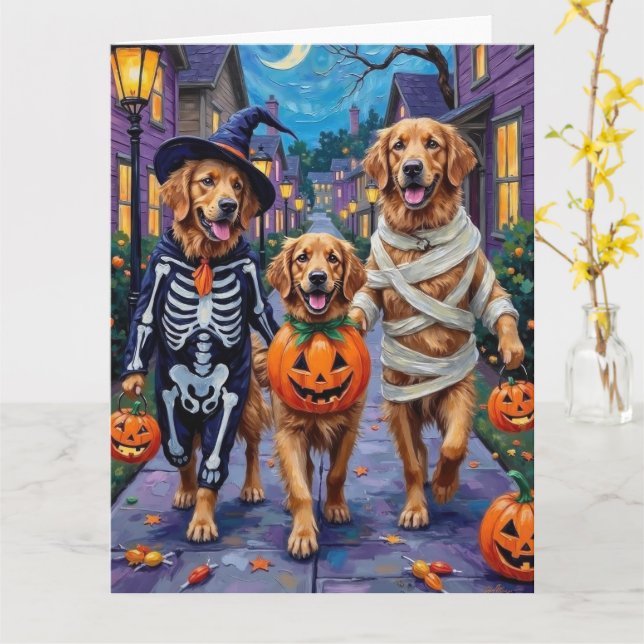Golden Retriever Trick-or-Treating Halloween Kort (Gul blomma)