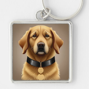 🌸 Golden Retriever Trogen Glöd Husdjurshänge Stil Fyrkantig Silverfärgad Nyckelring