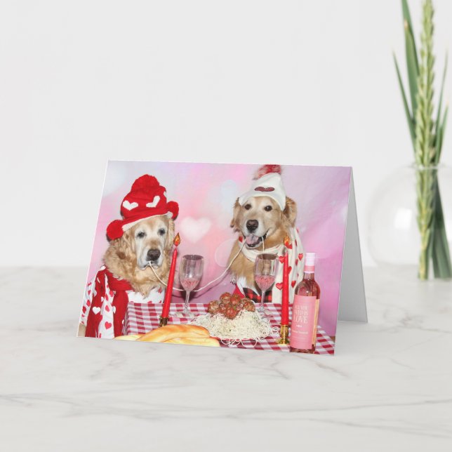 Golden Retriever Valentine Sharing Spaghetti Kort (Framsida)