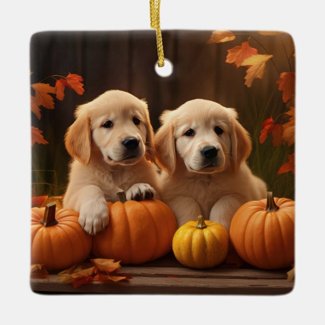 Golden Retriever Valp Höstglädje Pumpa  Julgransprydnad Keramik (Framsida)