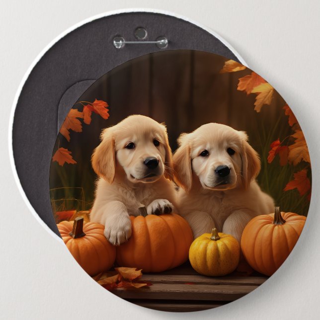 Golden Retriever Valp Höstglädje Pumpa  Knapp (Framsida & baksida)