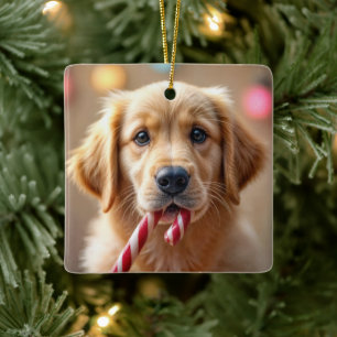 Golden Retriever Valp Med en Godisstav Julgransprydnad Keramik