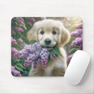 Golden Retriever-valp med Lilac-bunch Musmatta
