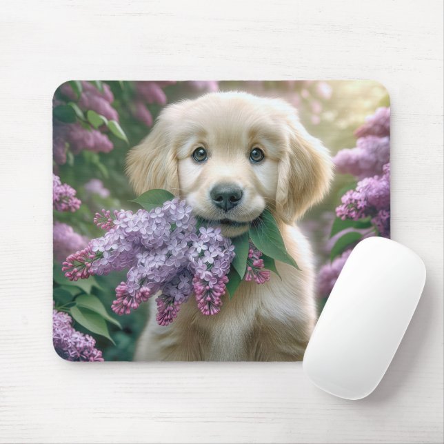 Golden Retriever-valp med Lilac-bunch Musmatta (Med mus)
