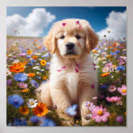 Golden Retriever-valpen med blommor Poster