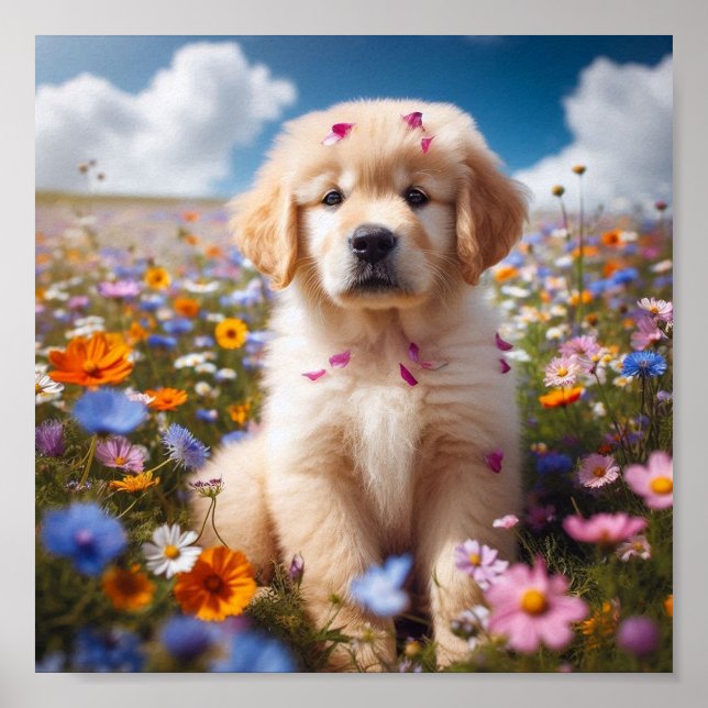 Golden Retriever-valpen med blommor Poster (Framsidan)