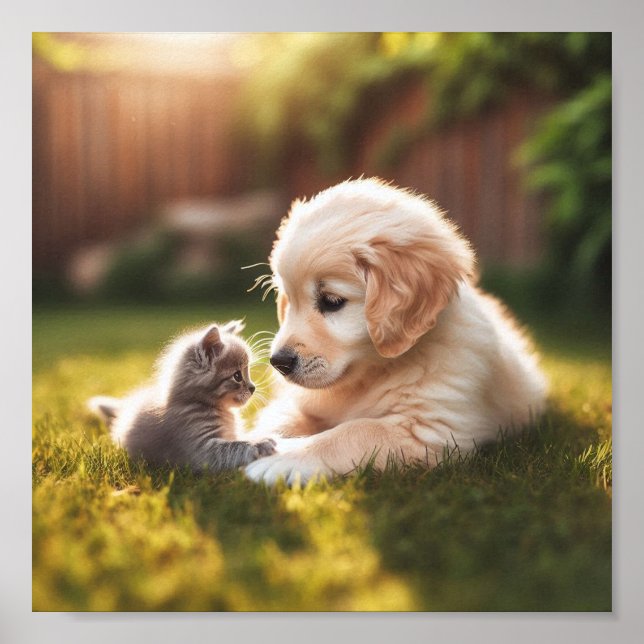 Golden Retriever-valpen med kattunge Poster (Framsidan)