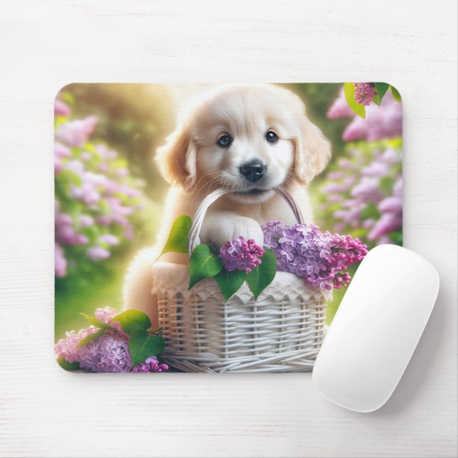 Golden Retriever-valpen med Lilac Basket Musmatta (Med mus)