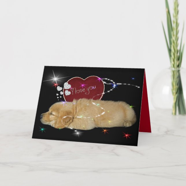 Golden Retriever-valpen med valentinhjärta Helgkort (Framsida)
