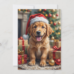 Golden Retriever Valpens Första Julfirande Julkort