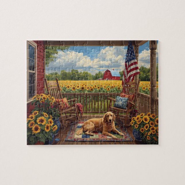 Golden Retriever Veranda Solros USA Flagga Pussel (Horisontell)