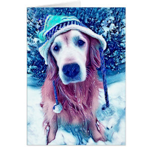 Golden Retriever Vibrant Blue Winter Önskemål Art Hälsningskort