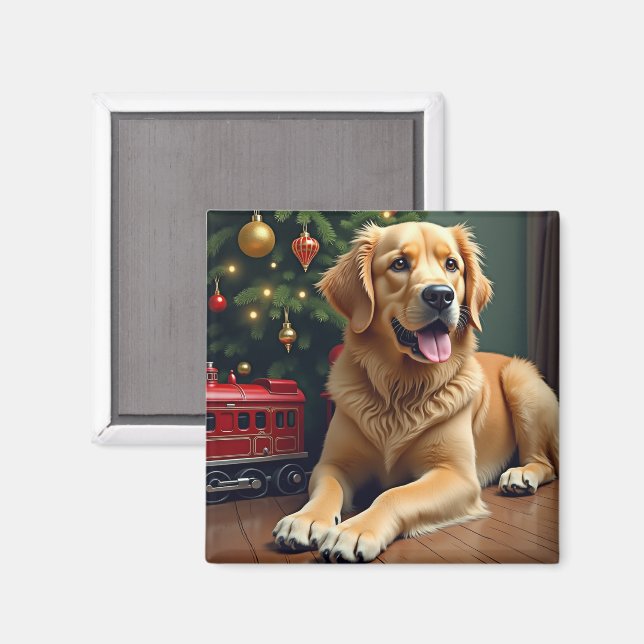 Golden Retriever vid julens leksakståg Magnet (Front/Back)