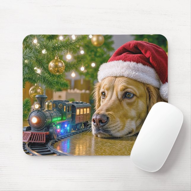 Golden Retriever Watching a Christmas Toy Train Musmatta (Med mus)