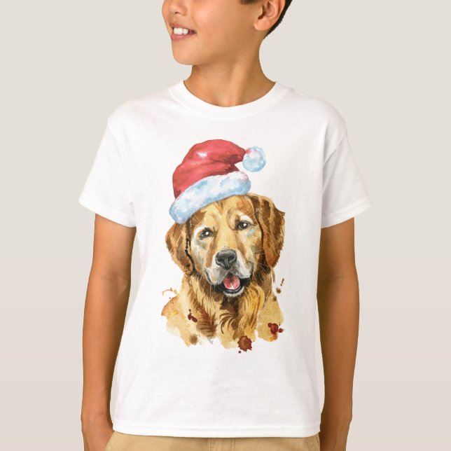 Golden Retriever Watercolor Santa T Shirt (Framsida)