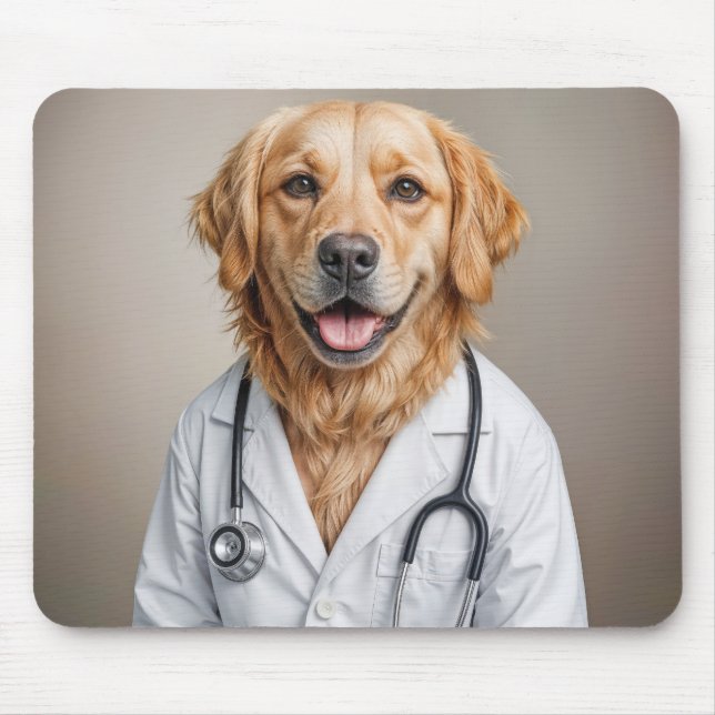 Golden Retriever Wearing a White Lab Coat Musmatta (Framsidan)