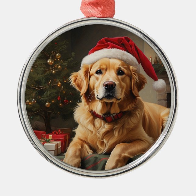 Golden Retriever Wearing Santa Hat Julgransprydnad Metall (Framsidan)