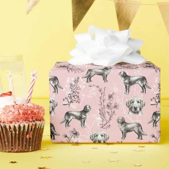 Golden Retriever Wildflower Pink Toile Vintage Presentpapper (Födelsedagsfest)