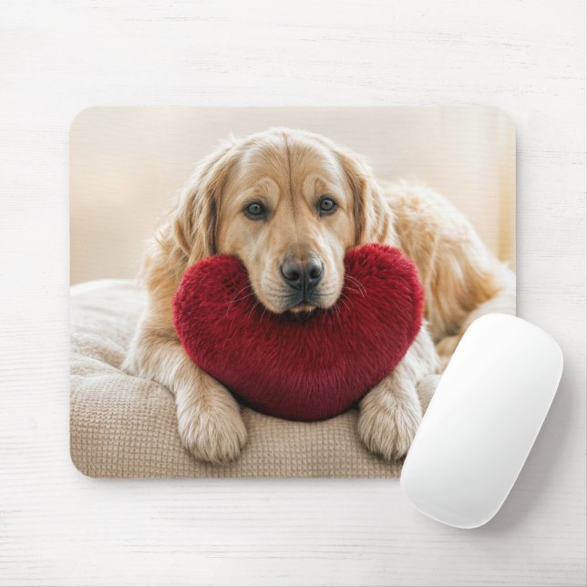 Golden Retriever With a Red Heart Pillow Musmatta (Med mus)
