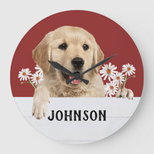 Golden Retriever with Daises Stor Klocka