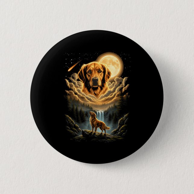 Golden retriever ylar mot månen rolig hund knapp (Framsida)
