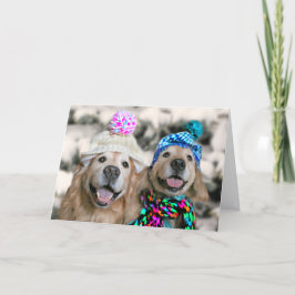 Golden Retrievers in Winter Hats Helgdag jul Helgkort