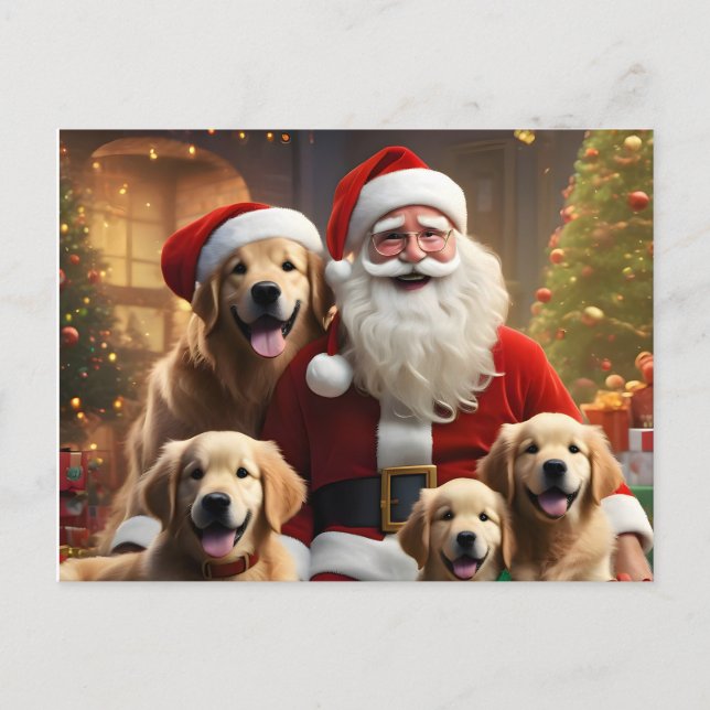 Golden Retrievers, puppies and Santa Claus Helg Vykort (Framsida)