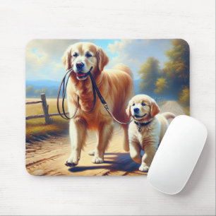 Golden Retrievers ut för en promenad Musmatta