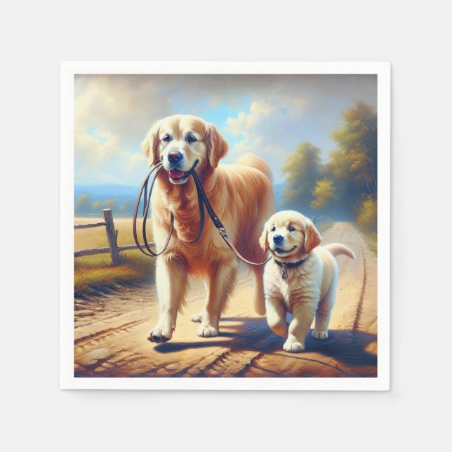 Golden Retrievers ut för en promenad Pappersservett (Framsidan)