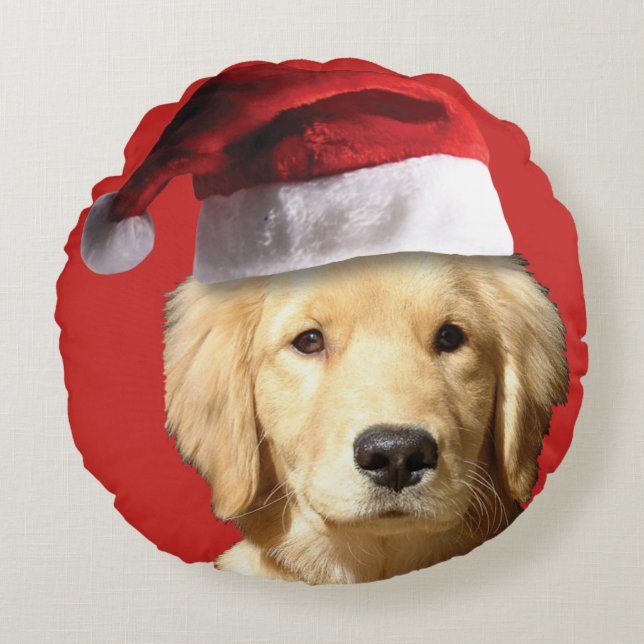 Golden Retriver på Jultomten Hat Rund Kudde (Framsidan)