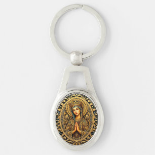 Golden Reverence Virgin Mary Ovalt Silverfärgad Nyckelring