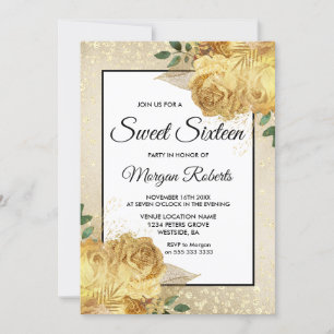 Golden Ro Glitter Blommigt Sweet 16 Inbjudan