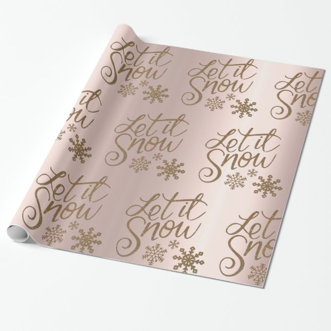 Golden ro och guldfärgat snöflingor inslagning pap presentpapper (Utrullad)