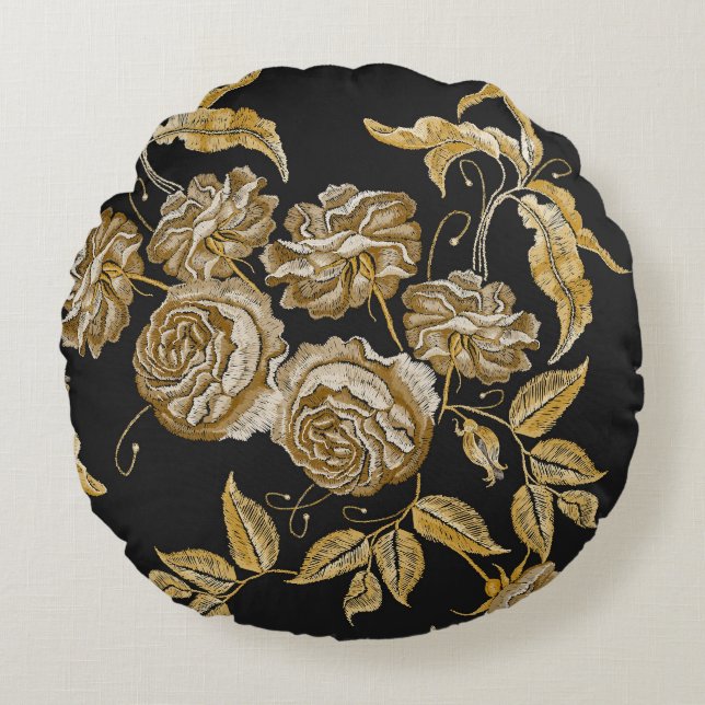 Golden Ro: Vintage Embroidery Mönster Rund Kudde (Framsidan)
