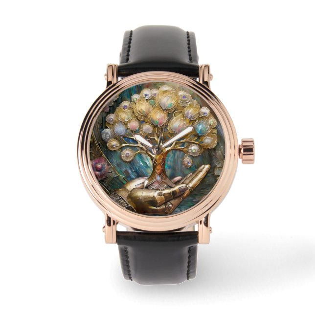 Golden Robot Hand Holding Guld Livets träd Armbandsur (Framsida)