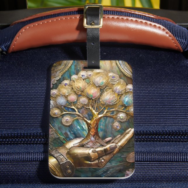 Golden Robot Hand Holding Guld Livets träd Bagagebricka (Framsida Insitu 2)